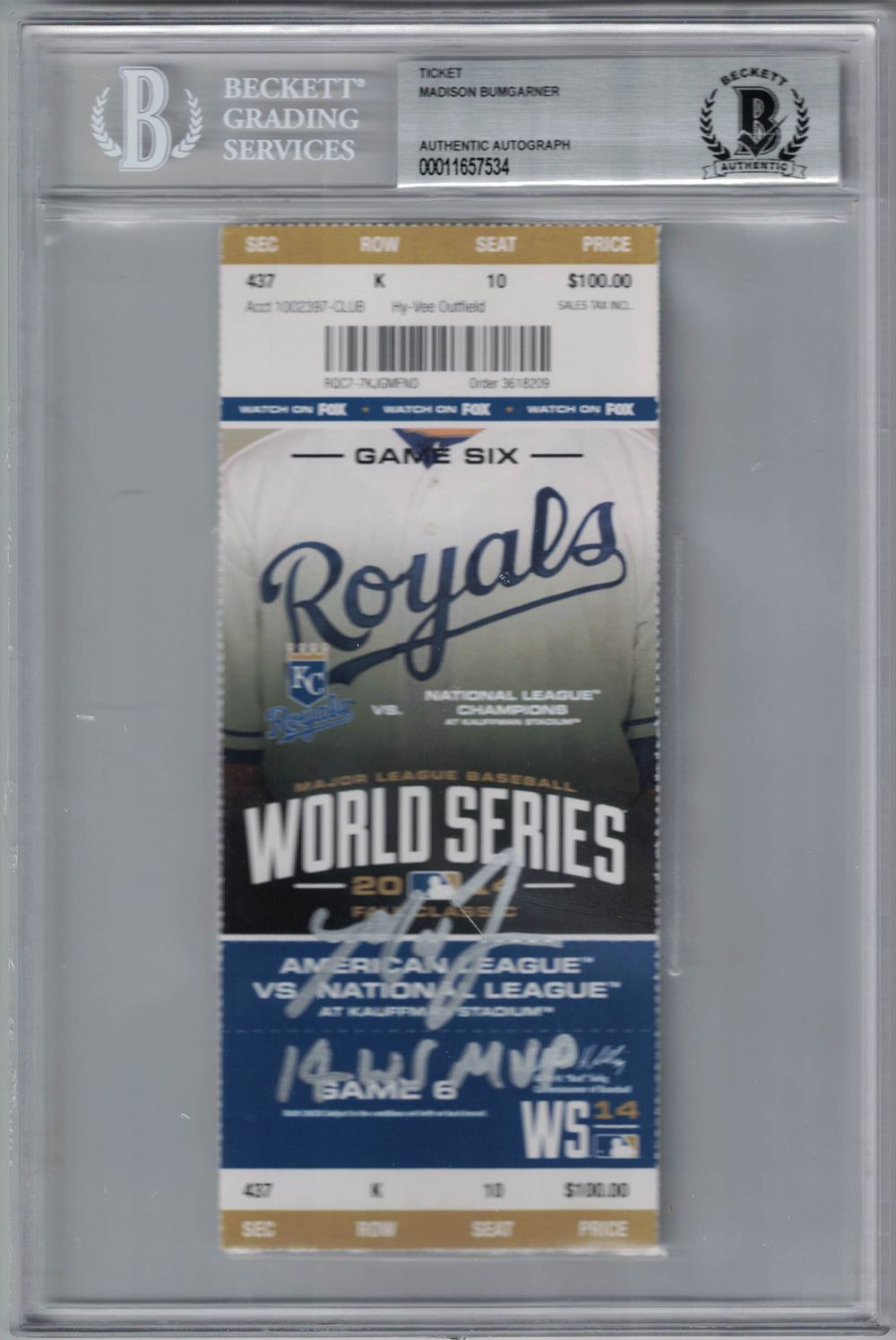 Madison Bumgarner Signed Giants 2014 World Series Game 6 Ticket MVP BAS