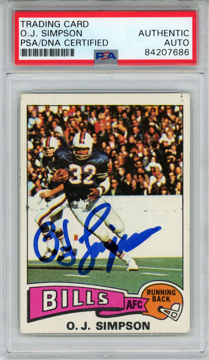 O.J. Simpson Autographed/Signed 1975 Topps #500 Trading Card PSA Slab