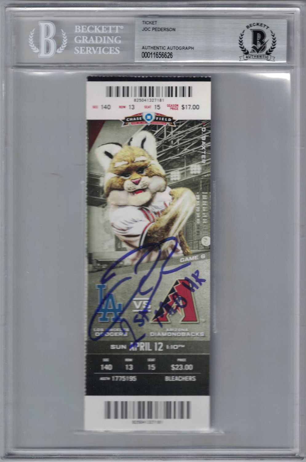 Joc Pederson Autographed Los Angeles Dodgers Ticket 1st MLB HR BAS Slab