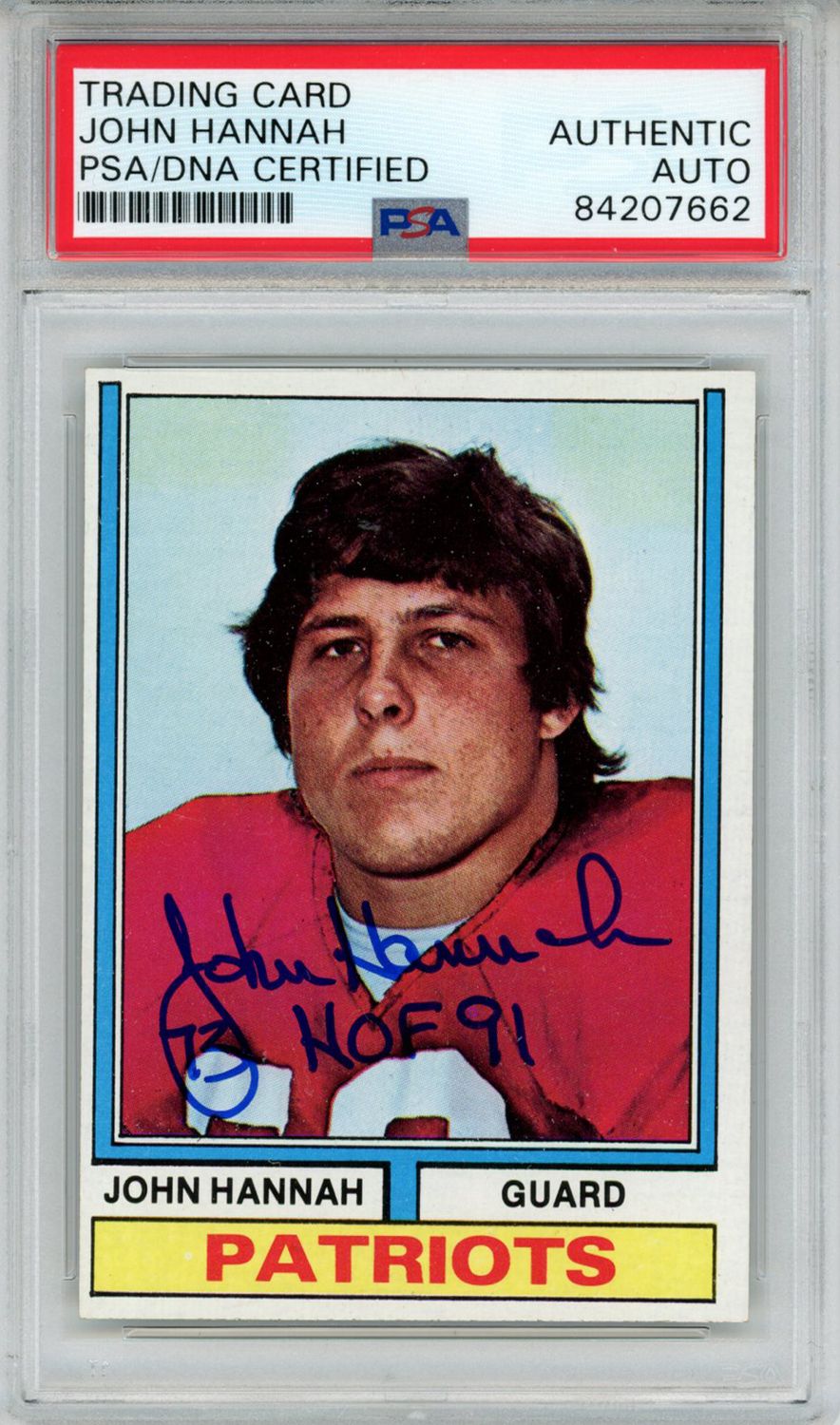 John Hannah Autographed/Signed 1974 Topps #383 Trading Card HOF PSA Slab