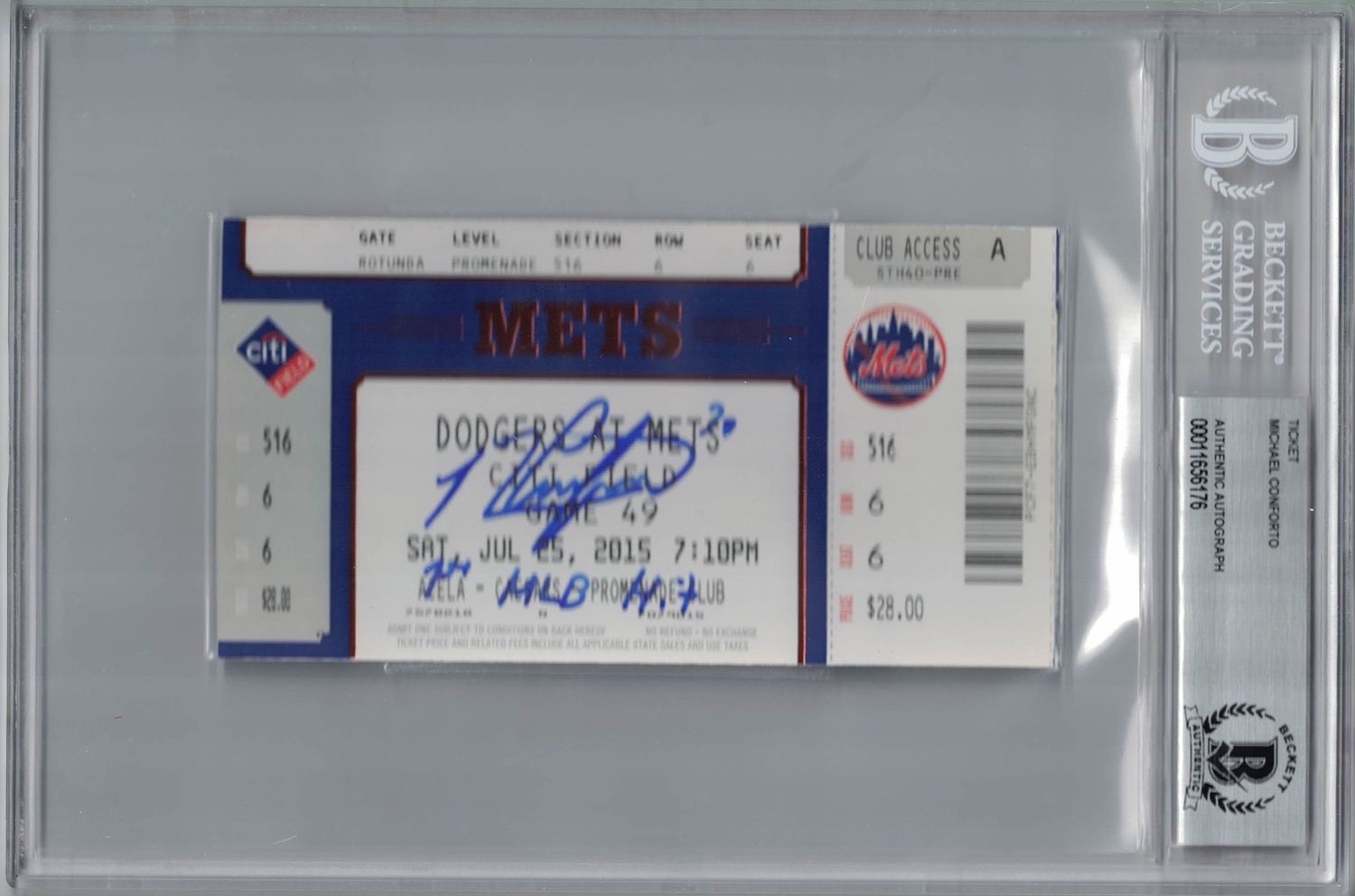 Michael Conforto Autographed New York Mets Ticket 1st MLB Hit BAS Slab
