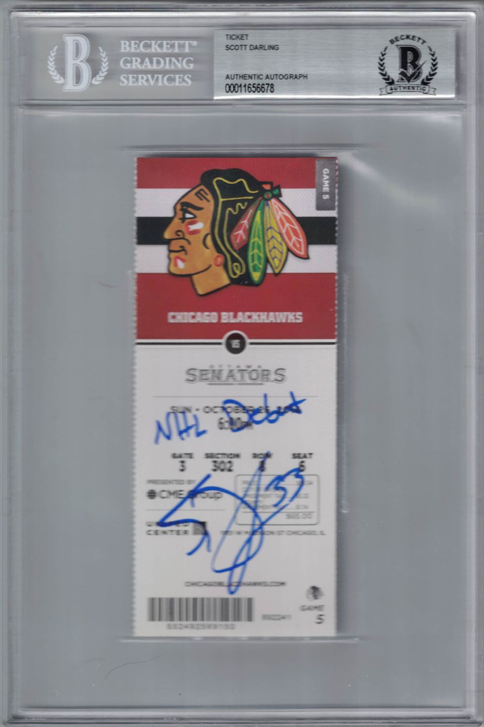 Scott Darling Autographed Chicago Blackhawks Ticket NHL Debut BAS Slab