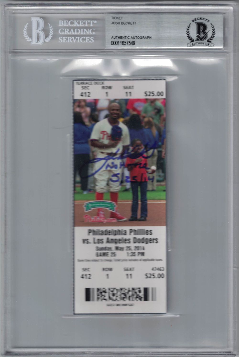 Josh Beckett Autographed Los Angeles Dodgers Ticket No Hitter BAS Slab