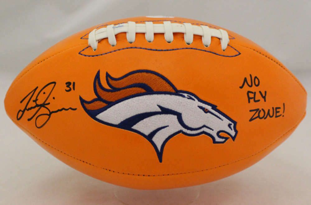 Justin Simmons Autographed Denver Broncos Orange Logo Football No Fly Zone JSA