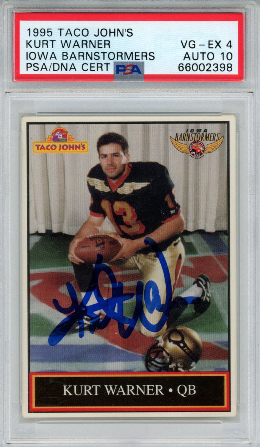 Kurt Warner Signed 1995 Taco John&#39;s #13 Trading Card PSA 4 Auto 10 Slab