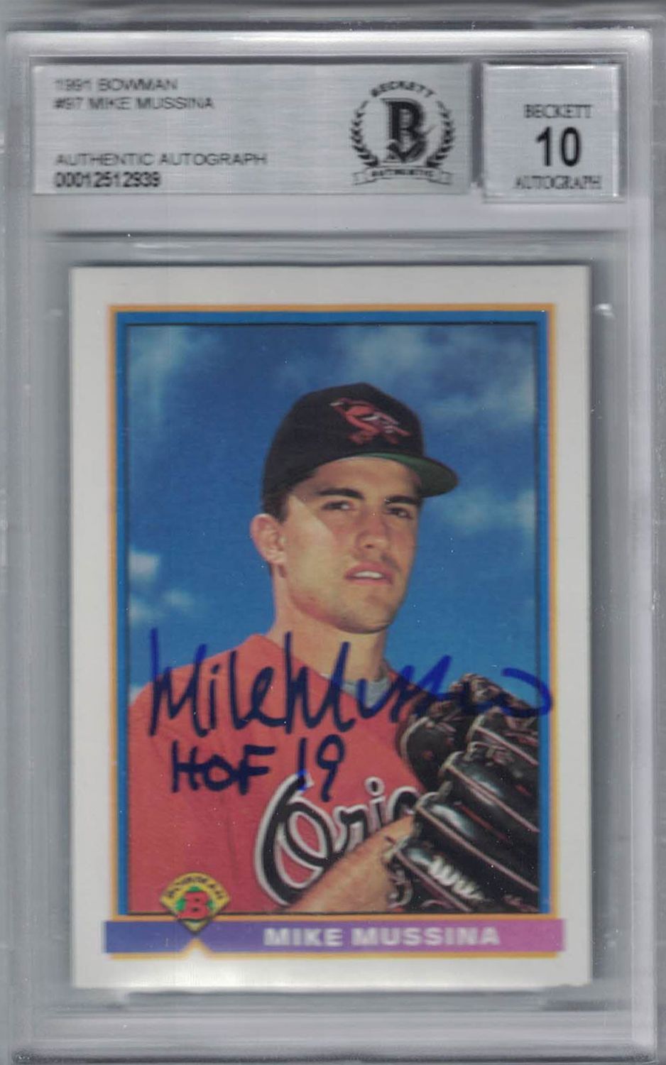 Mike Mussina Signed Baltimore Orioles 1991 Bowman Trading Card BAS 10