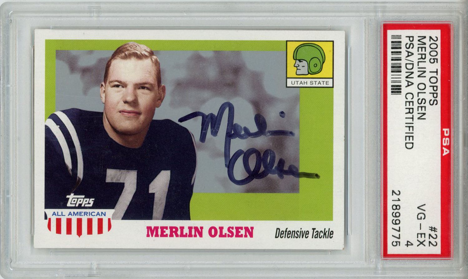 Merlin Olsen Signed 2005 Topps All American #22 Trading Card PSA Slab