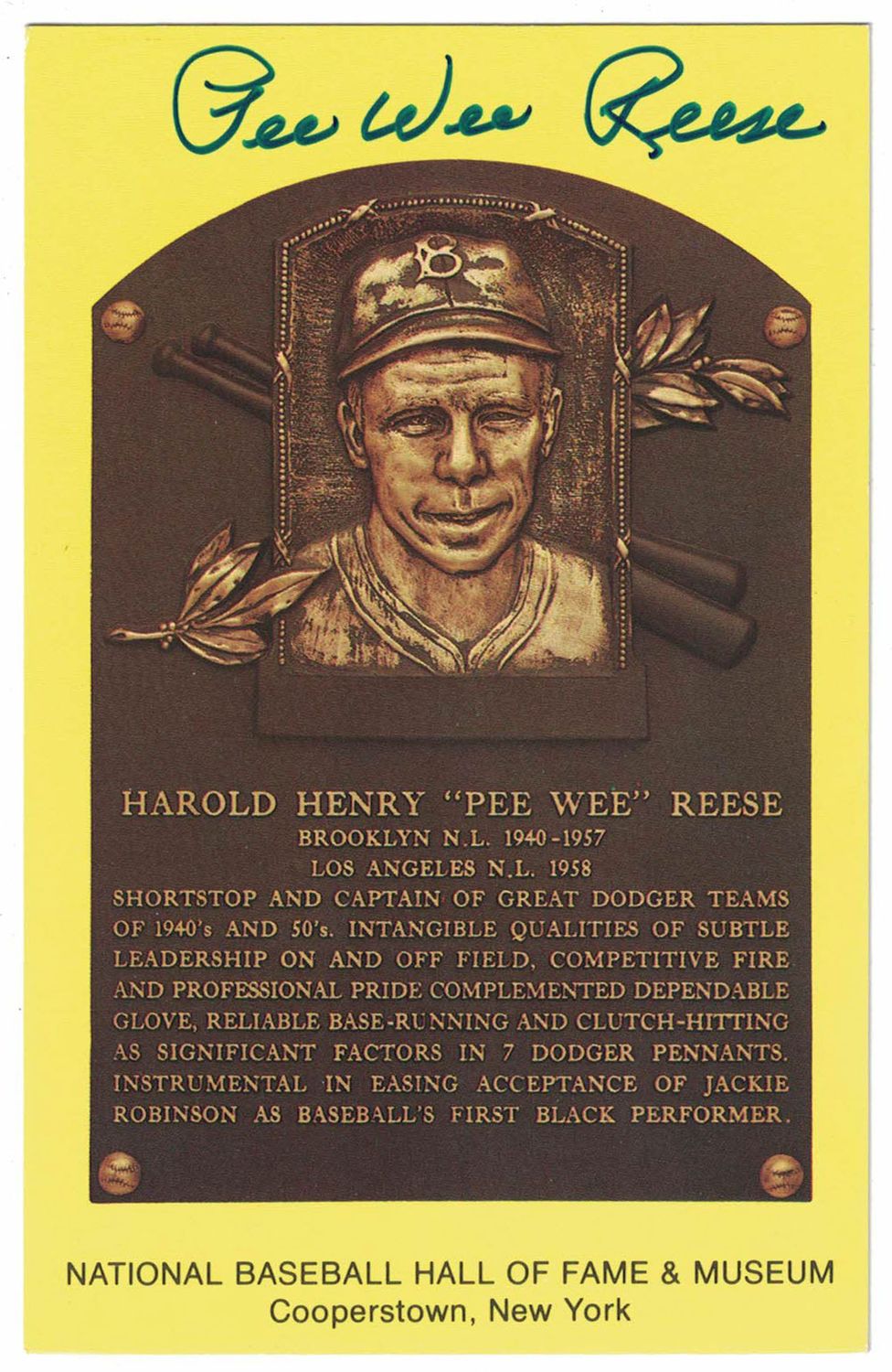 Pee Wee Reese Autographed Brooklyn Dodgers Hall Of Fame Plaque Postcard BAS