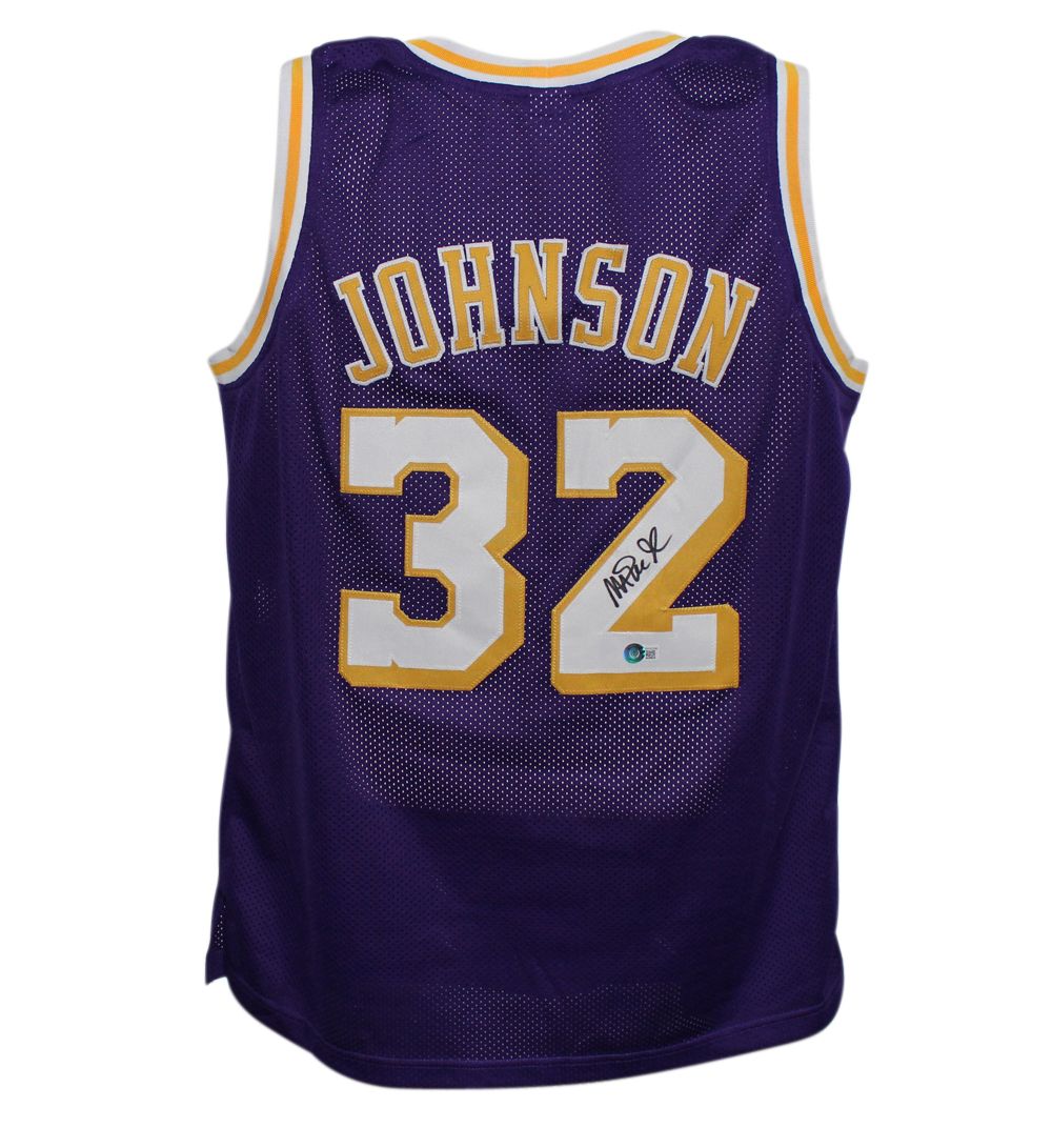 Magic Johnson Autographed/Signed Pro Style Purple XL Jersey Beckett