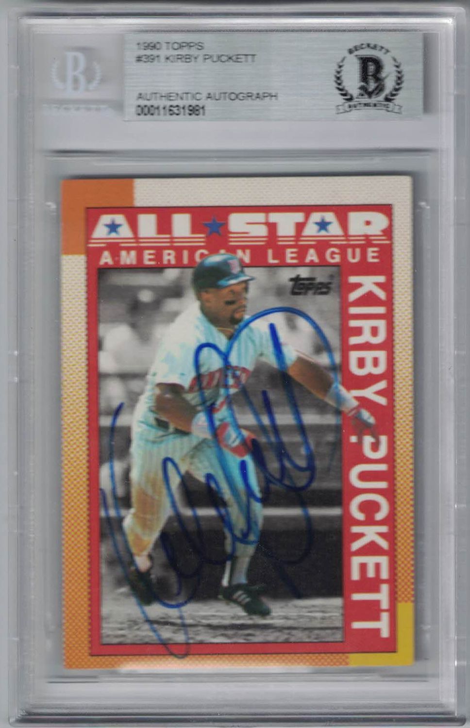 Kirby Puckett Autographed Minnesota Twins 1990 Topps Trading Card BAS