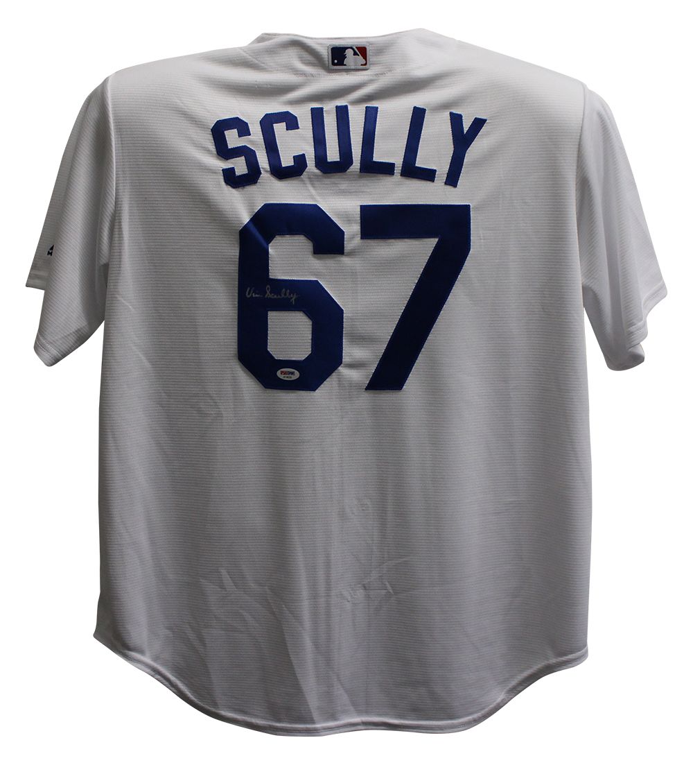 Vin Scully Autographed Los Angeles Dodgers Majestic White XL Jersey PSA