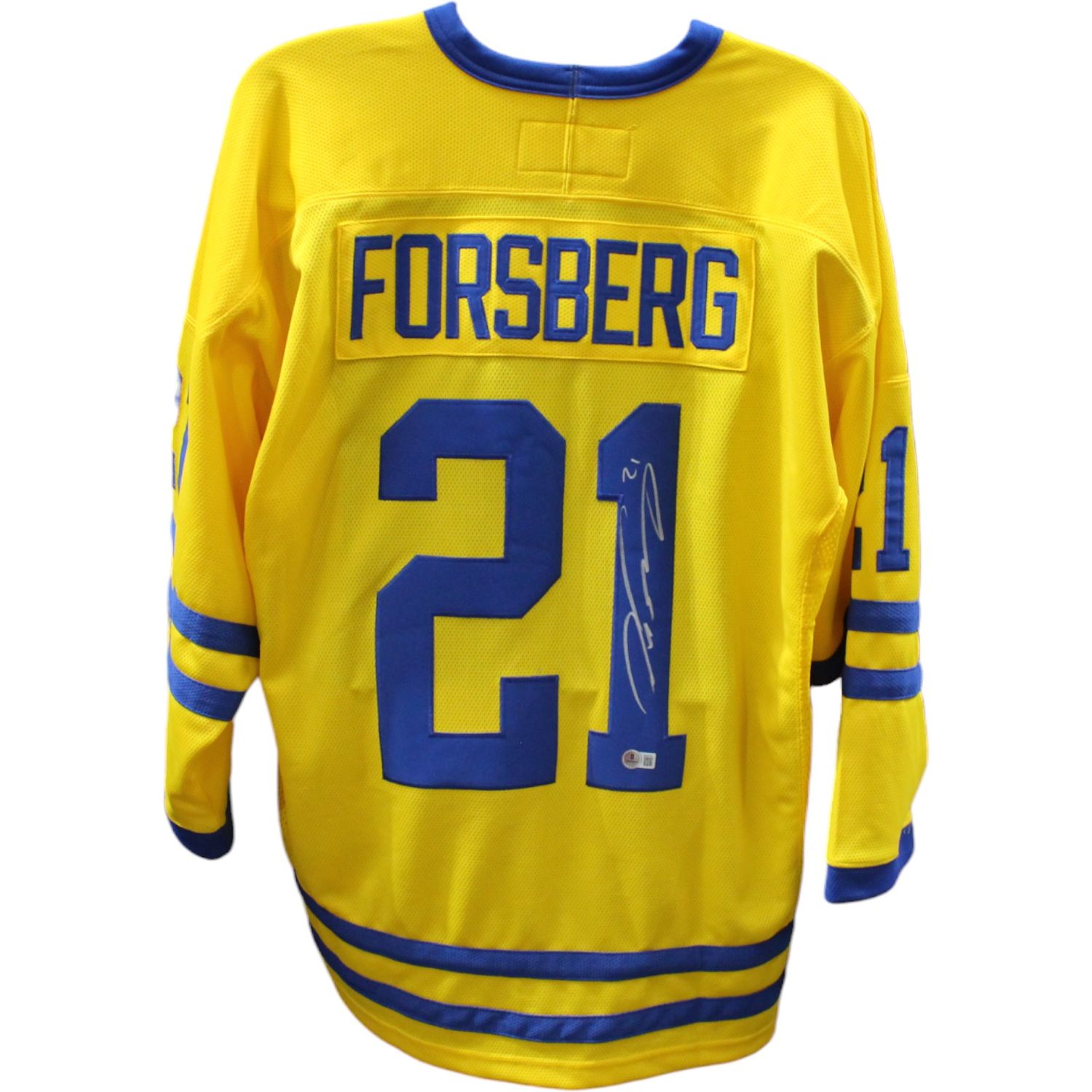 Peter Forsberg Signed Sweden Hockey Team Nike Yellow L Jersey BAS 45062