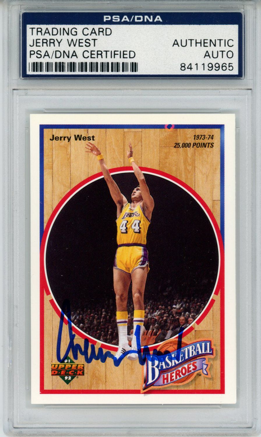 Jerry West Signed 1992 Upper Deck Basketball Heroes Card 6/9 PSA Slab