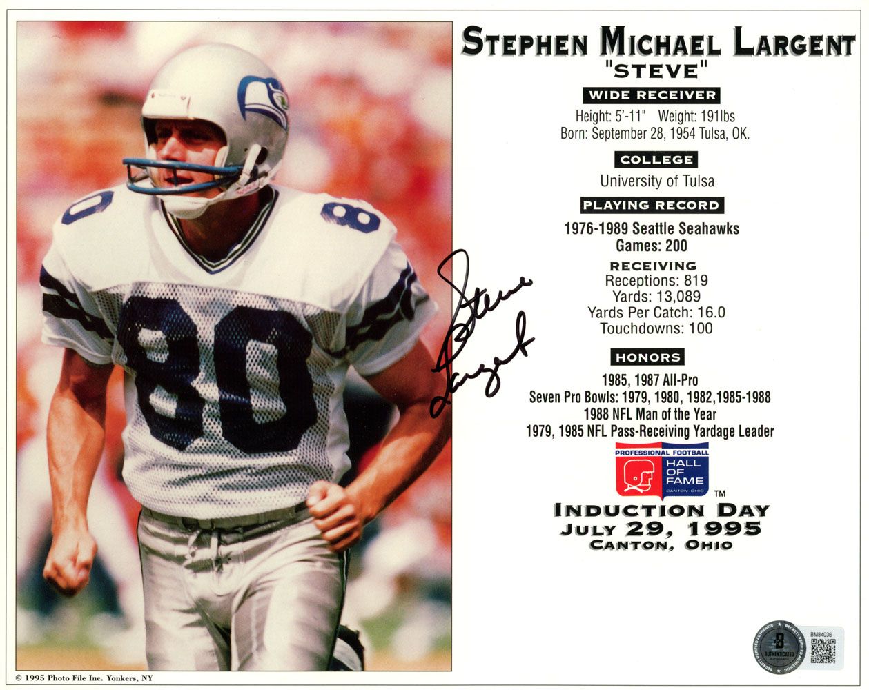 Steve Largent Autographed Seattle Seahawks 8x10 Photo Beckett 45713