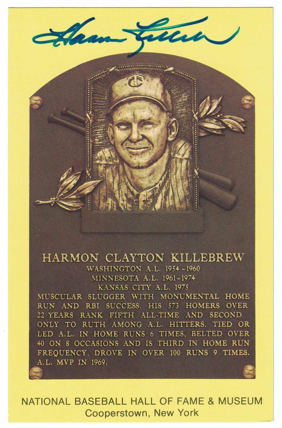 Harmon Killebrew Signed Minnesota Twins Hall Of Fame Plaque Postcard BAS