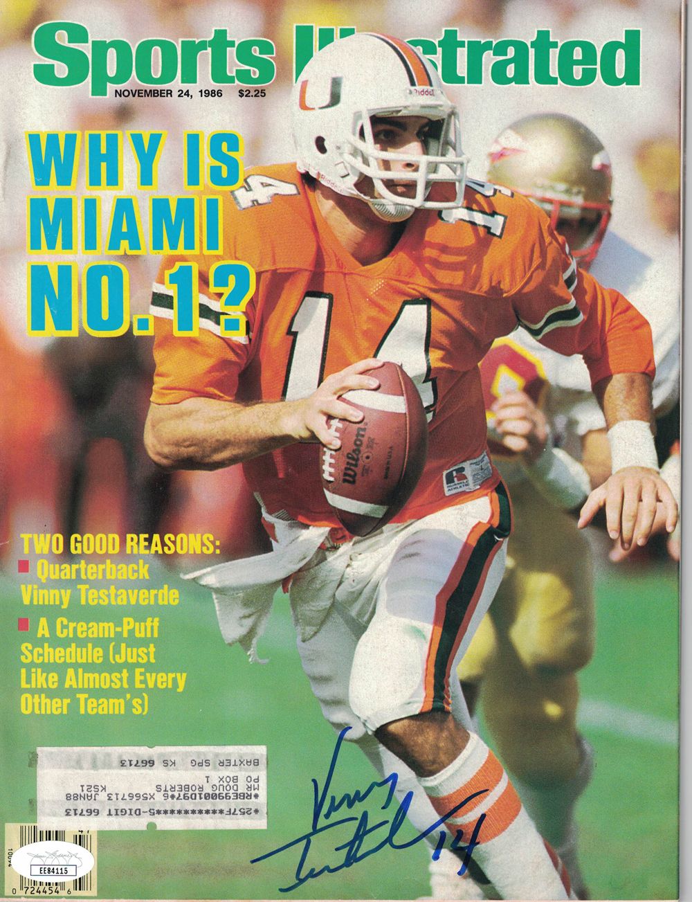 Vinny Testaverde Signed Miami Hurricanes Sports Illustrated 11/24/1986 JSA