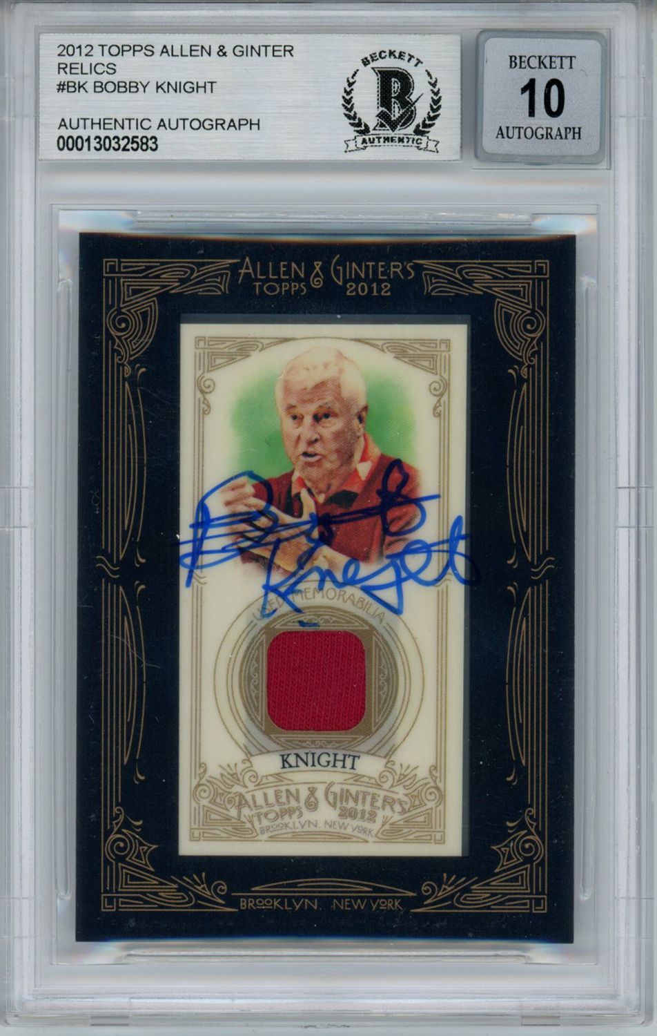 Bobby Knight Autographed 2012 Allen &amp; Ginter Patch Trading Card BAS Slab