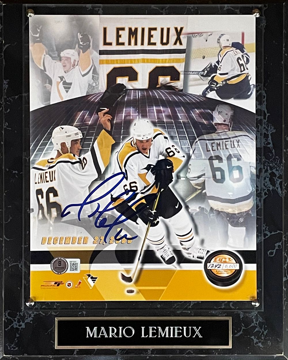 Mario Lemieux Signed Pittsburgh Penguins 8x10 Photo Plaque Beckett 45040