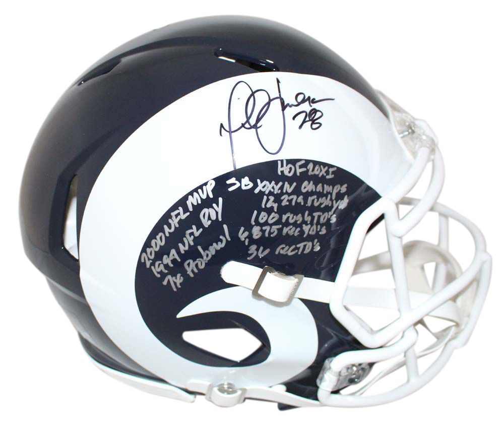 Marshall Faulk Autographed St Louis Rams Authentic Helmet 9 Insc JSA
