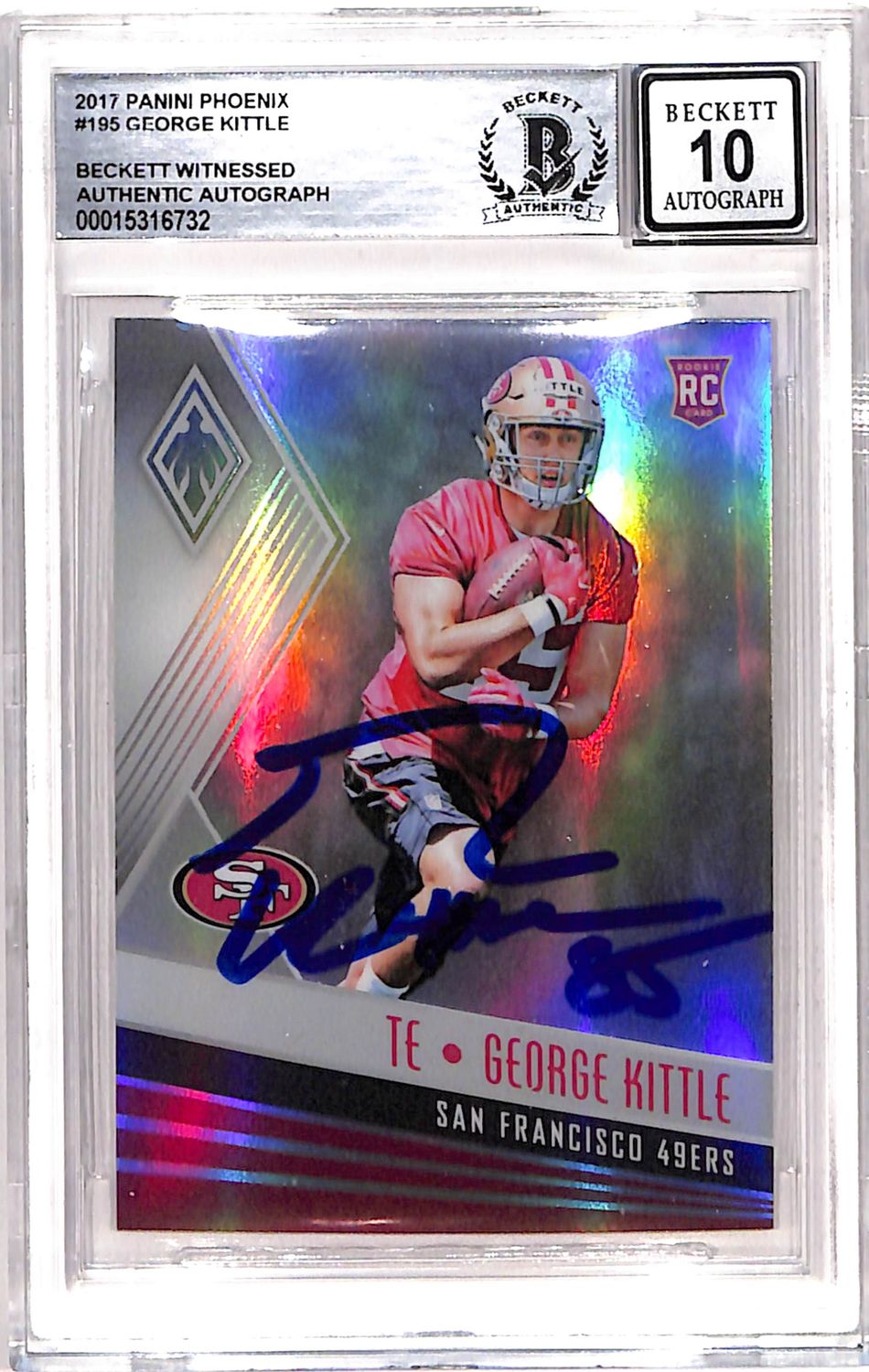George Kittle Signed 2017 Phoenix #195 Grade 10 Auto Card BAS