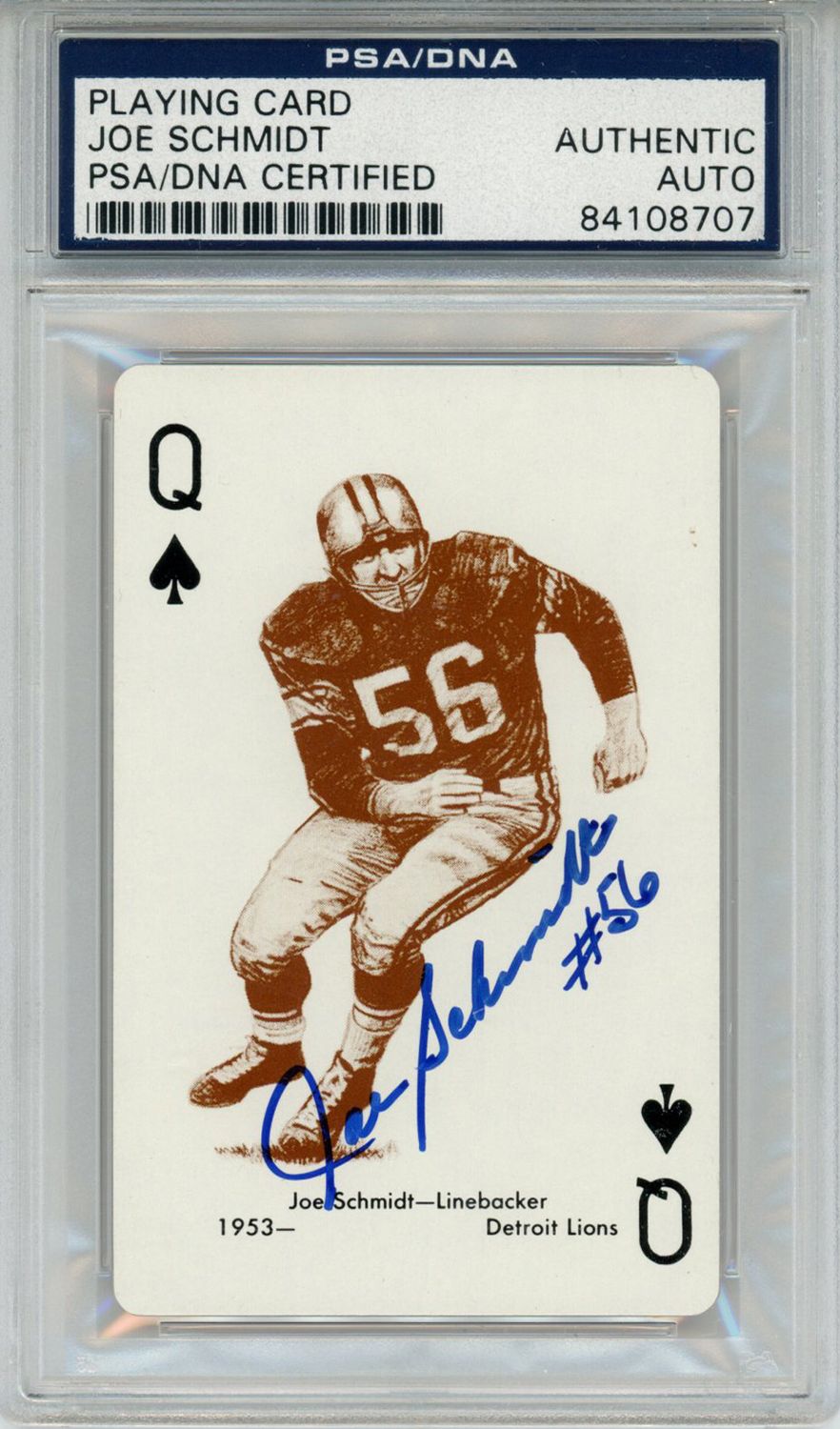 Joe Schmidt Autographed 1963 Stancraft Queen of Spades Card PSA Slab