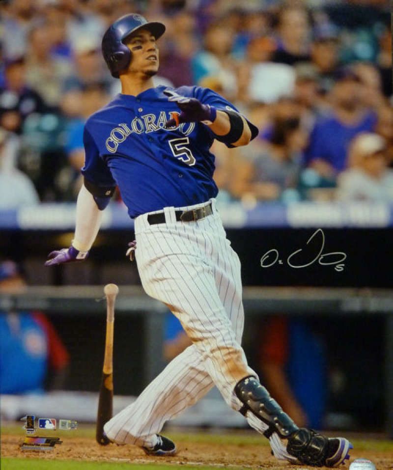 Carlos Gonzalez Autographed Colorado Rockies 16X20 Photo Purple Jersey Hitting MLB