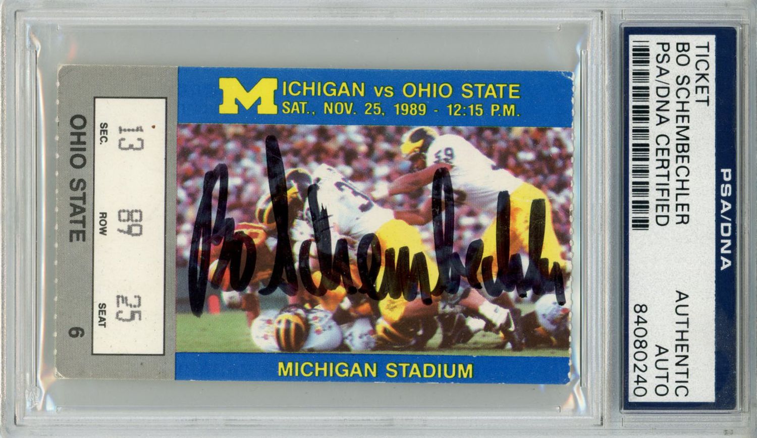 Bo, Schembechler Signed 11/25/89 Michigan Ticket Stub Last Home Game PSA