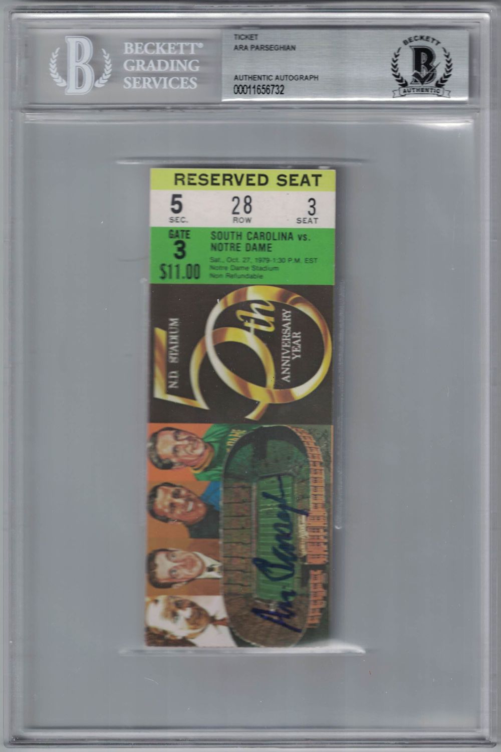 Ara Parseghian Signed Notre Dame Fighting Irish Ticket 50th Year BAS Slab
