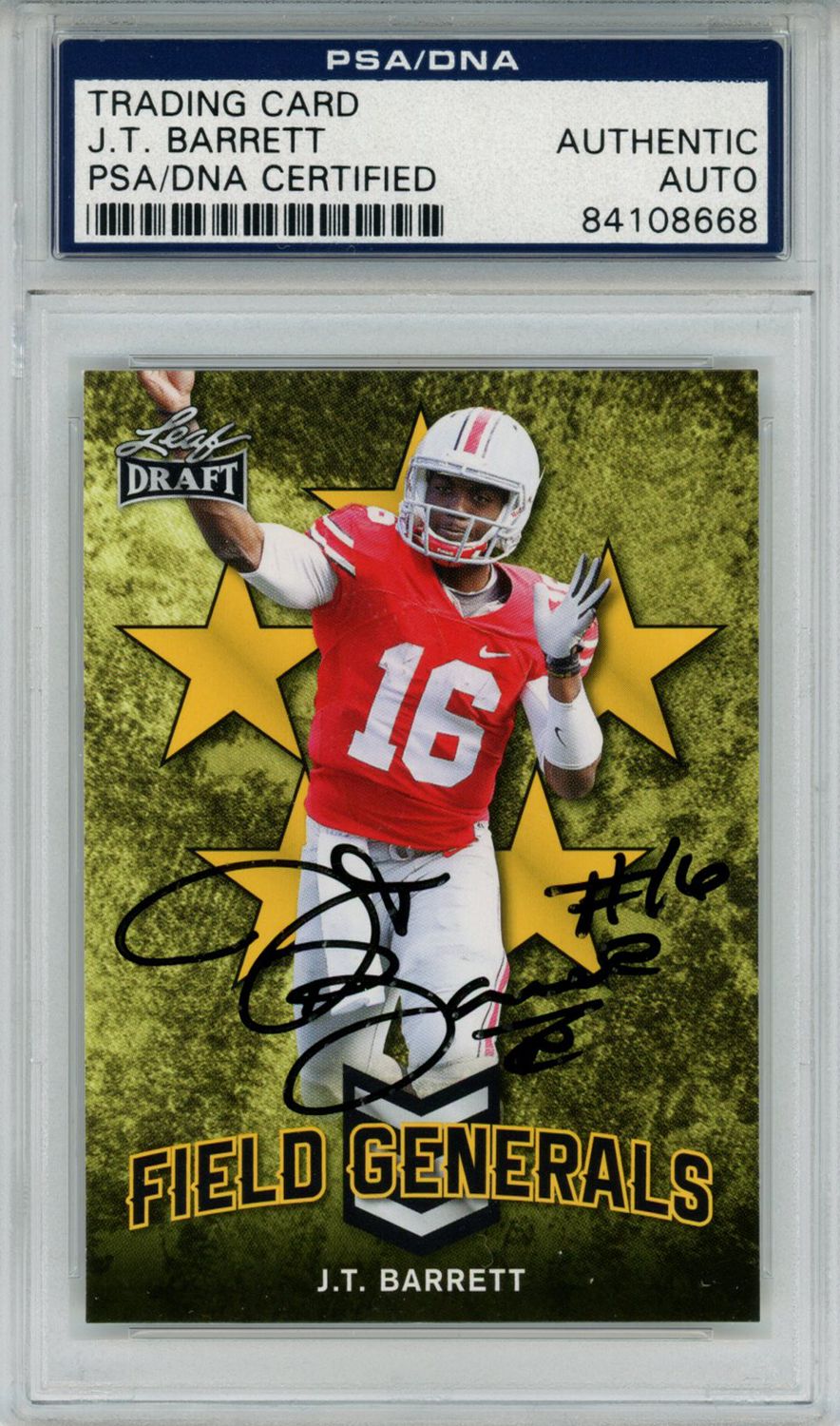 J.T. Barrett Autographed 2018 Leaf Draft #FG-02 Trading Card PSA Slab