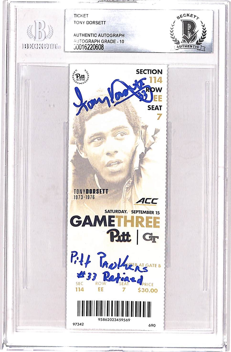 Tony Dorsett Autographed Ticket Stub 9/15/18 Insc. Beckett