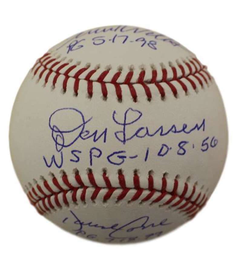 New York Yankees Autographed Perfect Game OML Baseball Larsen Wells Cone JSA