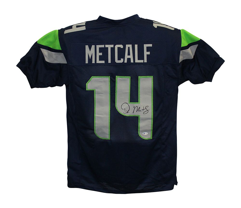 DK Metcalf Autographed/Signed Pro Style Blue XL Jersey BAS