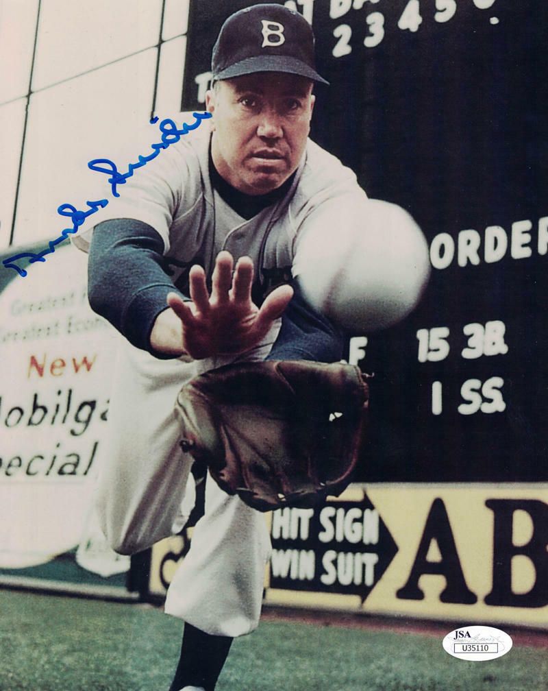 Duke Snider Autographed Brooklyn Dodgers 8x10 Photo Diving JSA