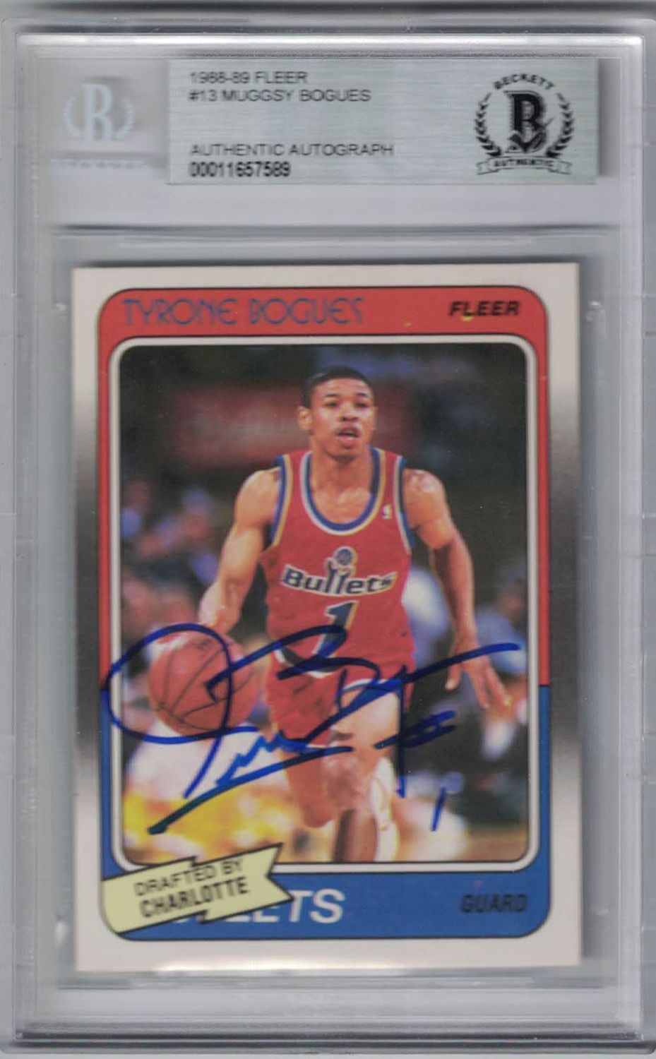Tyrone Muggsy Bogues Signed Washington Bullets 1988-89 Fleer Card BAS Slab