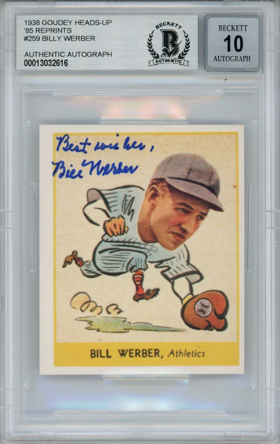 Bill Werber Signed 1938 Goudey Heads-Up &#39;85 Reprints #259 Card BAS 10 Slab