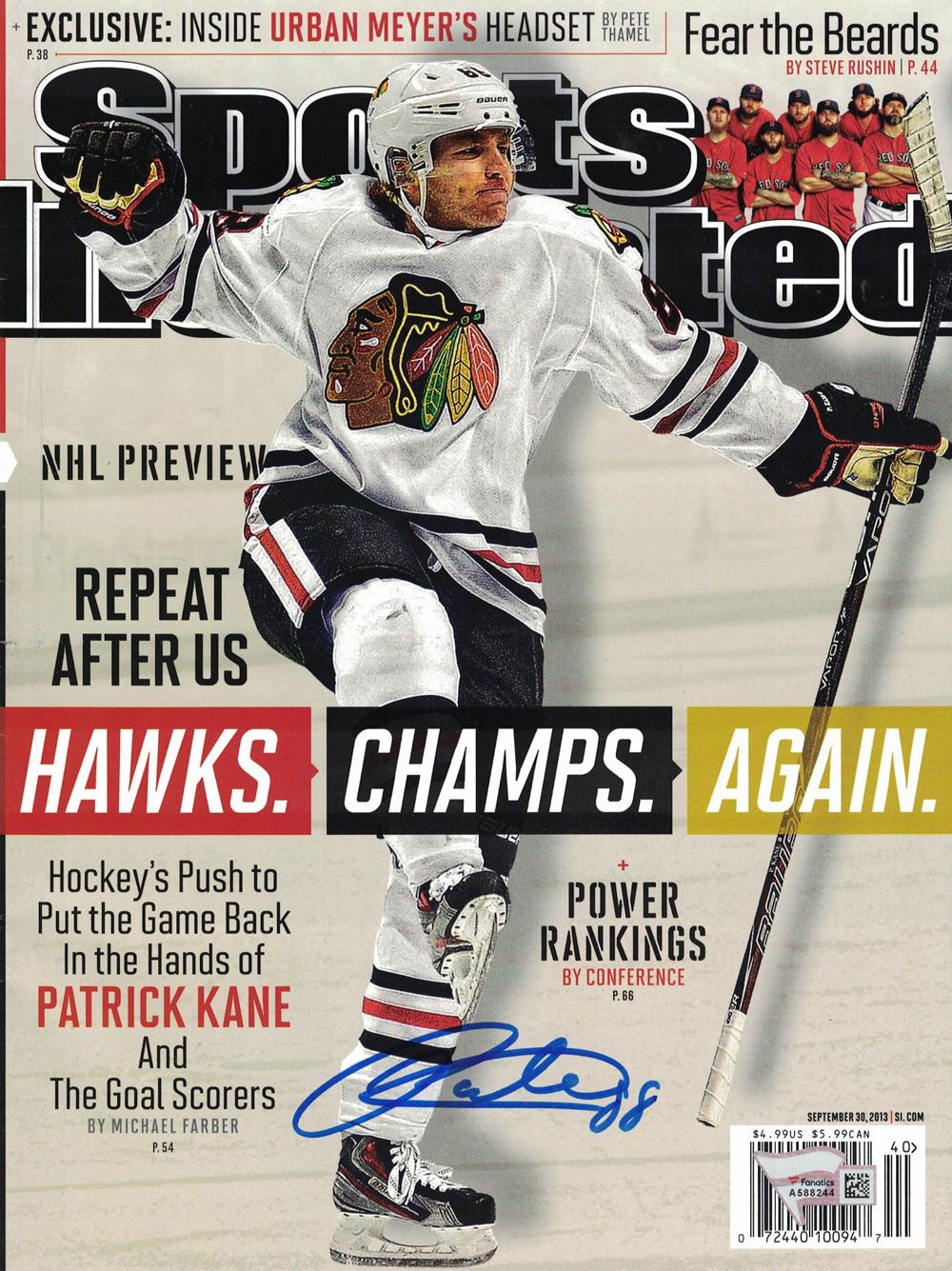 Patrick Kane Signed Chicago Blackhawks 2013 Sports Illustrated Magazine FAN