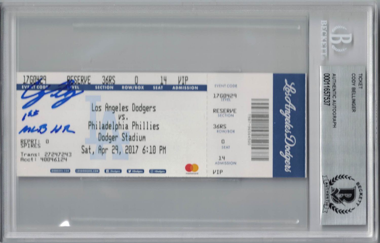 Cody Bellinger Autographed Los Angeles Dodgers Ticket 1st MLB HR BAS Slab