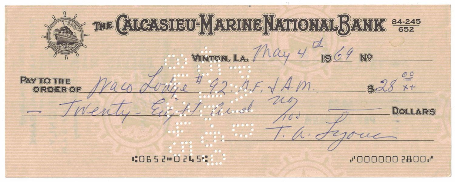Ted Lyons Signed Chicago White Sox 1969 Personal Check Calcasieu-Marine