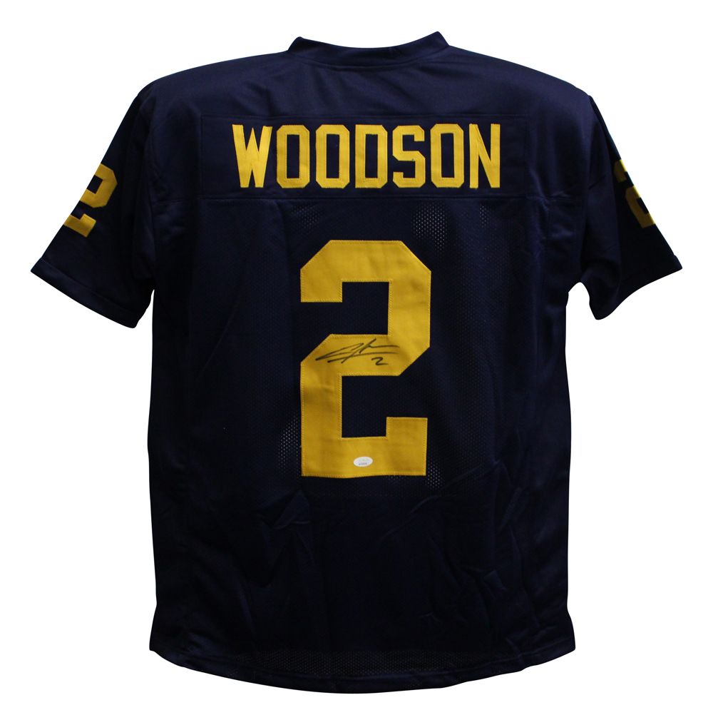 Charles Woodson Autographed/Signed College Style Blue XL Jersey JSA