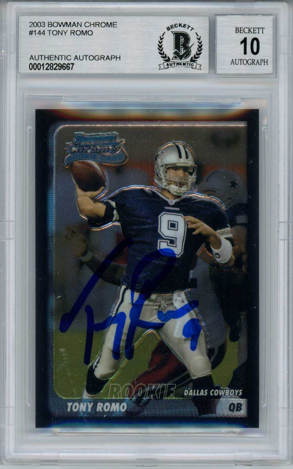 Tony Romo Autographed 2003 Bowman Chrome Rookie Card BAS 10 Slab