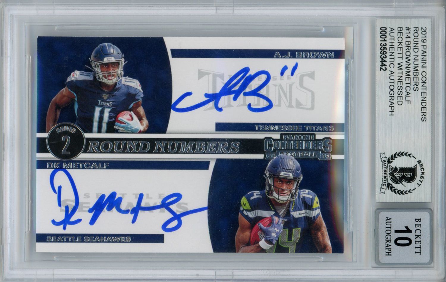 AJ Brown &amp; DK Metcalf Signed 2019 Rookie Contenders #14 Card BAS 10 Slab