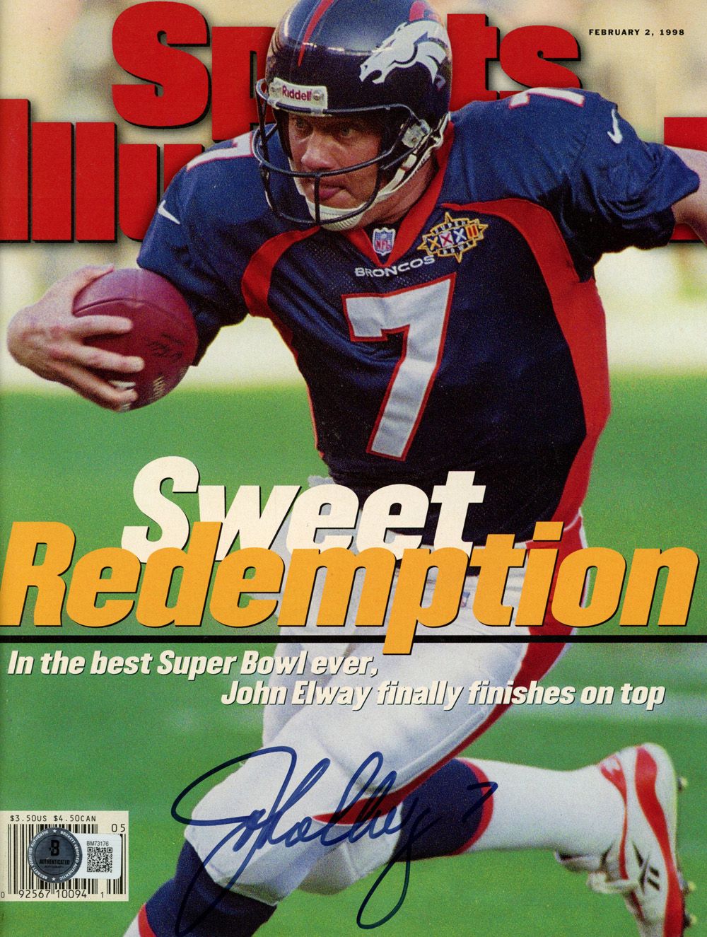 John Elway Signed 2/2/98 Sports Illustrated Magazine Beckett 45465