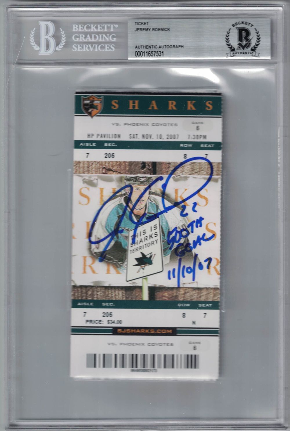 Jeremy Roenick Autographed San Jose Sharks Ticket 500th Goal BAS Slab