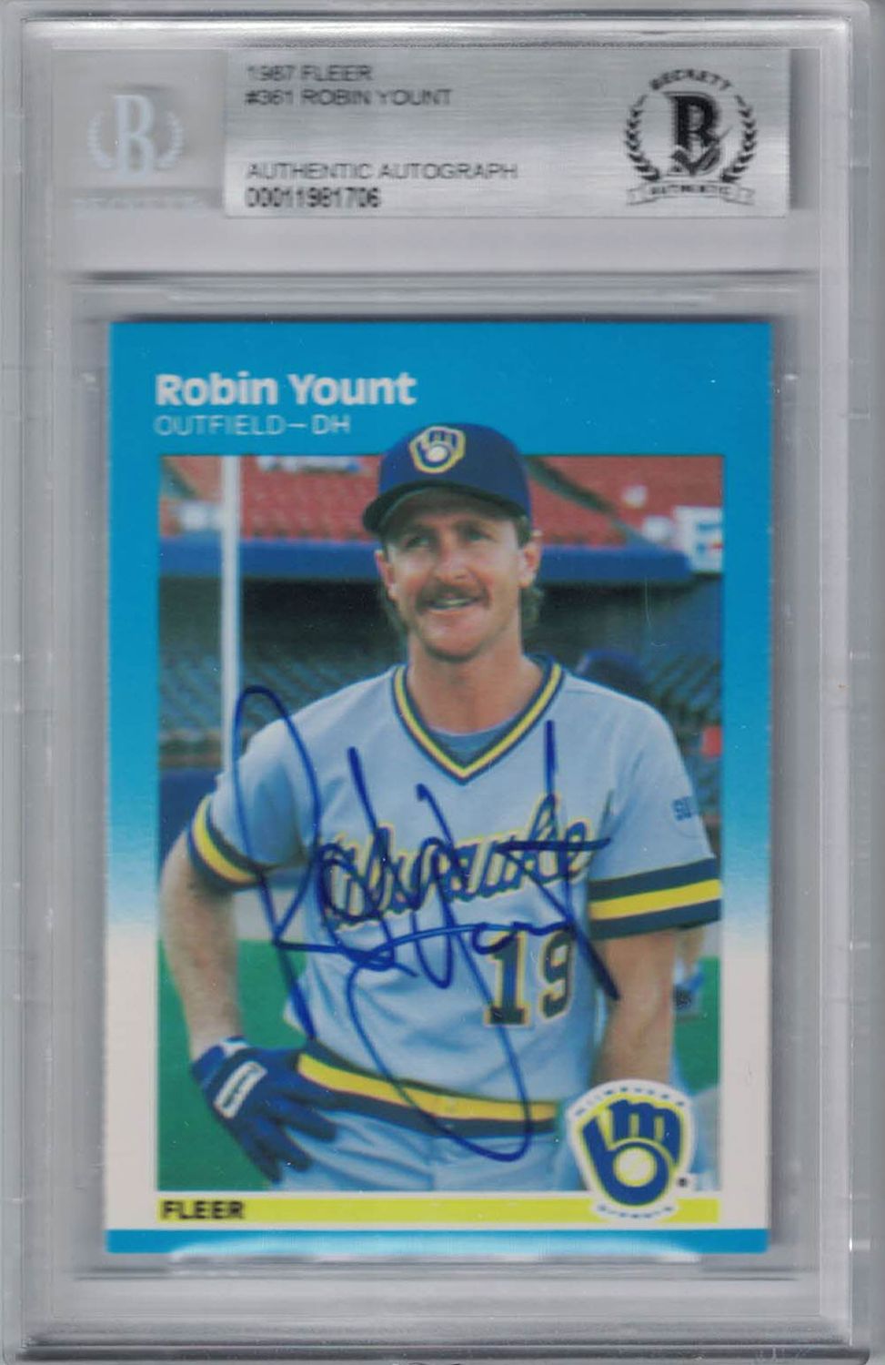 Robin Yount Signed Milwaukee Brewers 1987 Fleer #361 Trading Card BAS