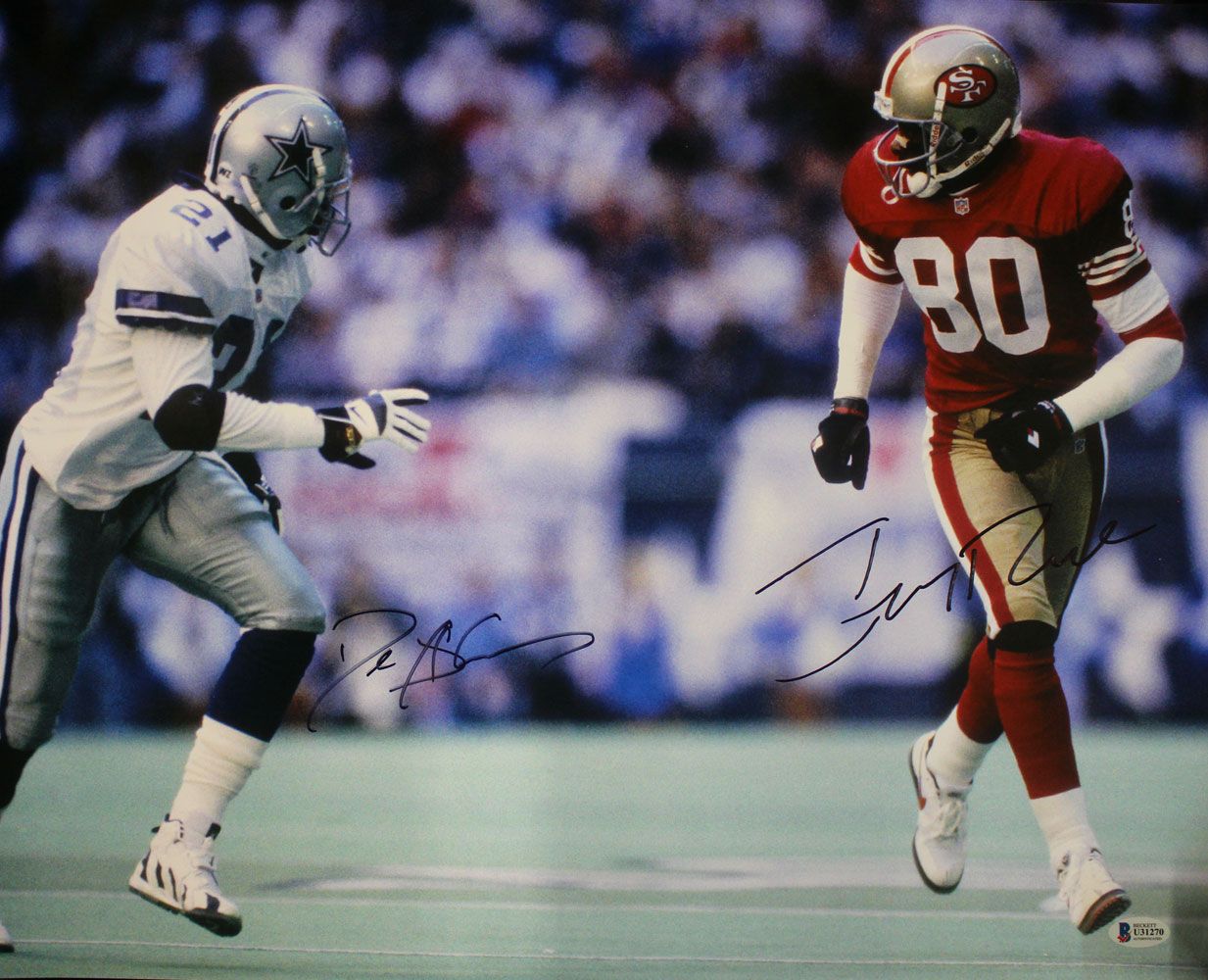 Jerry Rice &amp; Deion Sanders Autographed 49ers/Cowboys 16x20 Photo BAS