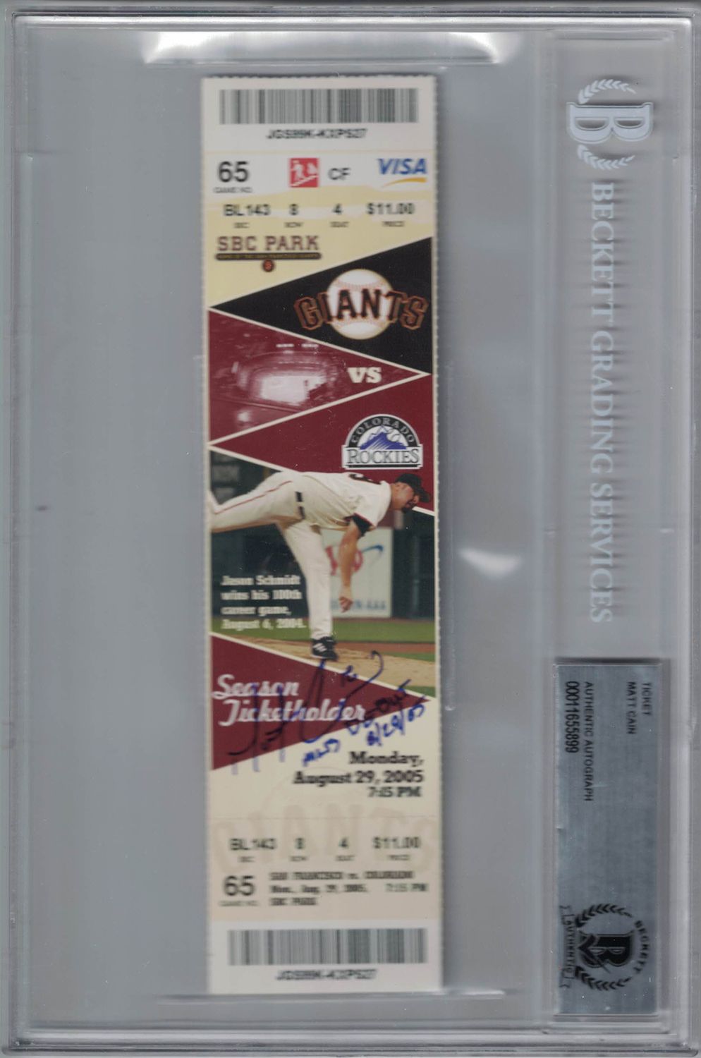 Matt Cain Autographed San Francisco Giants Ticket MLB Debut BAS Slab