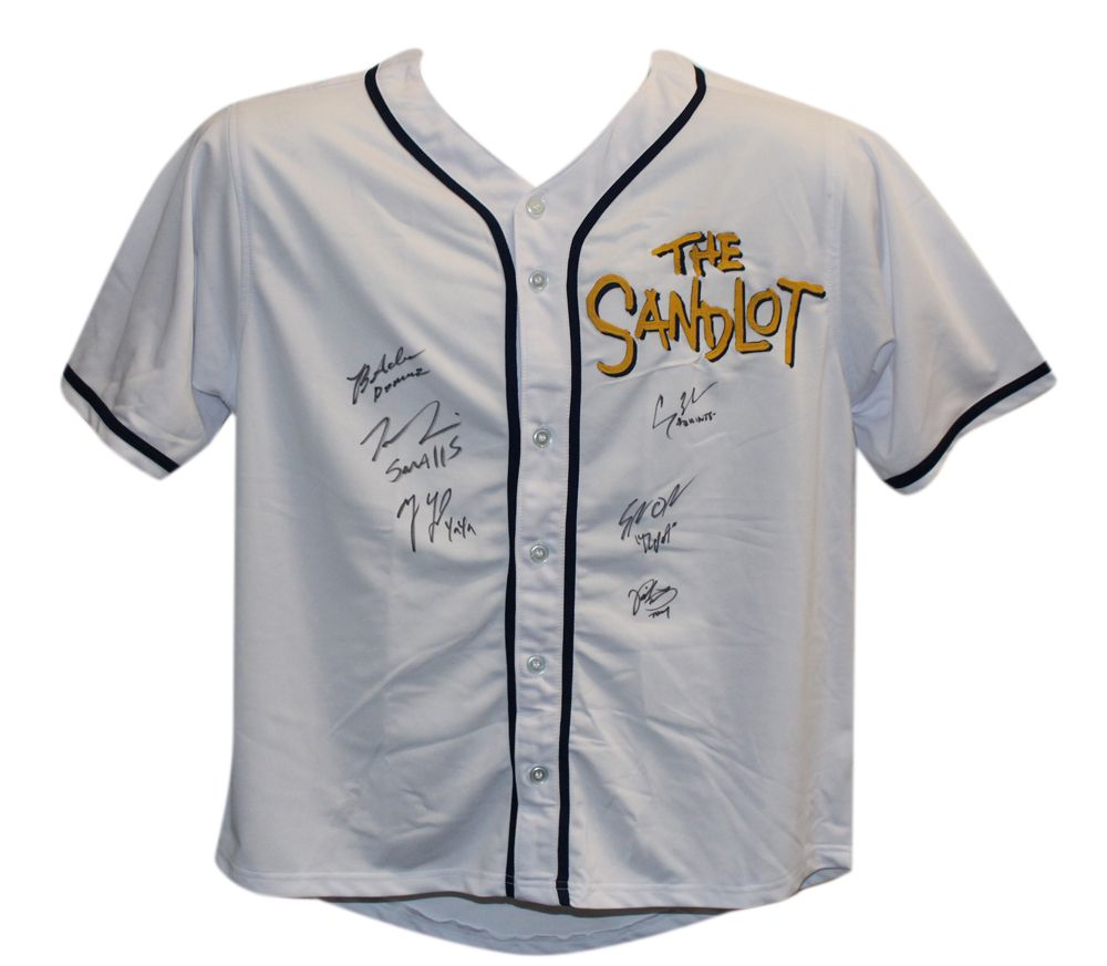 The Sandlot Autographed/Signed White XL Jersey 6 Sigs Tom Guiry BAS