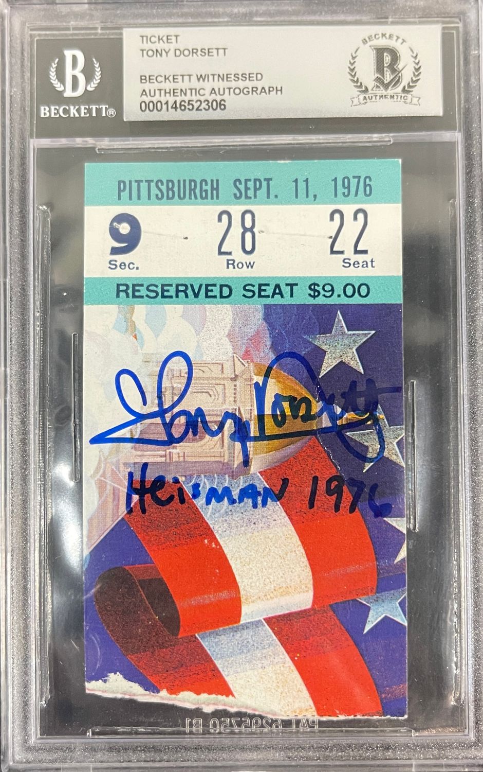 Tony Dorsett Signed Pittsburgh Panthers Ticket 9/11/76 vs ND BAS Slab