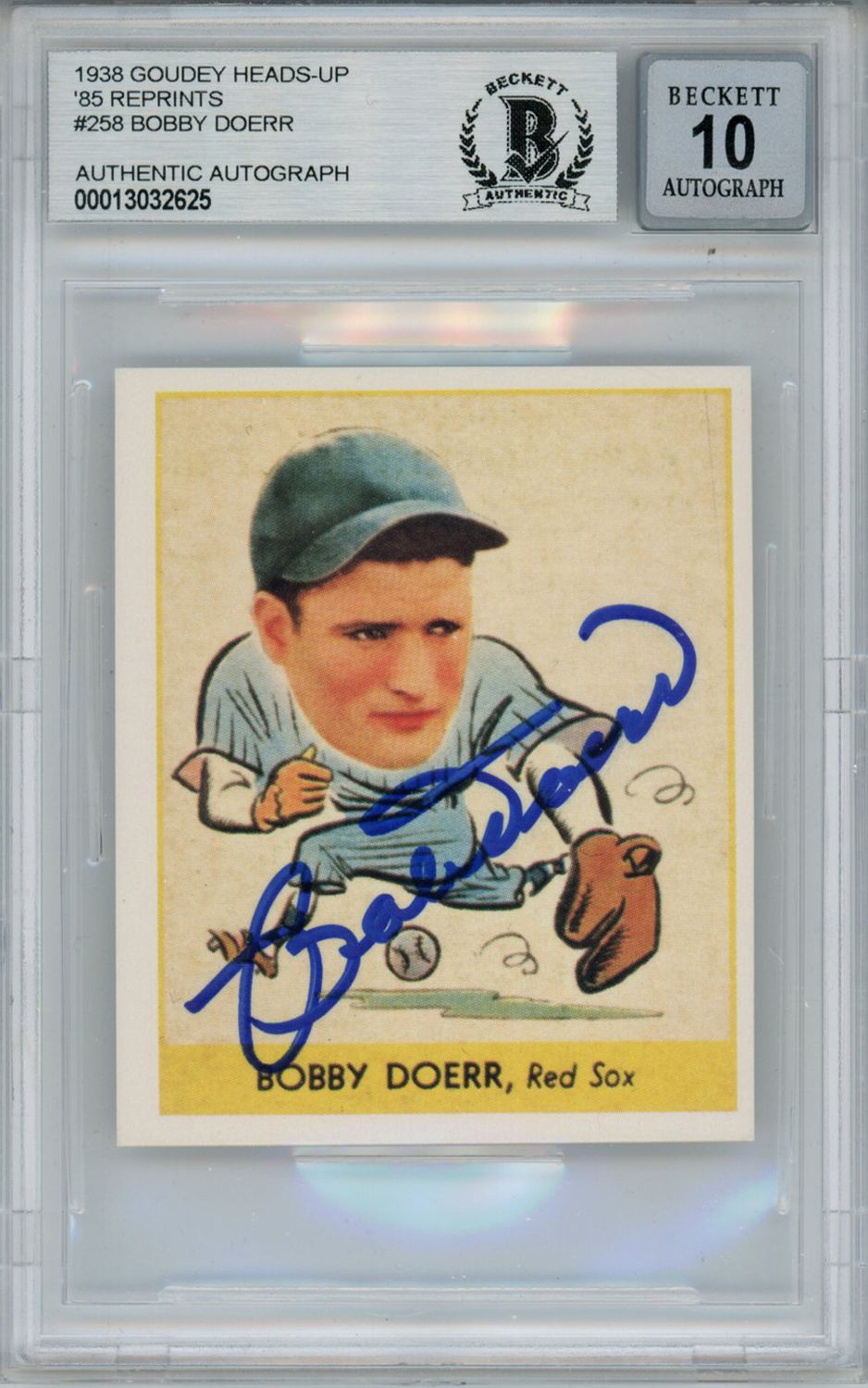 Bobby Doerr Signed 1938 Goudey Heads-Up &#39;85 Reprints #258 Beckett 10 Slab