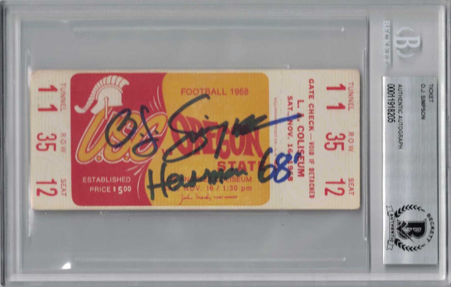 O.J. Simpson Signed 1968 USC Trojans vs Oregon State Ticket Seat 12 BAS